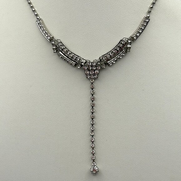 KL Silver Tone Rhinestone Y Drop Adjustable Necklace Evening Bridal - Picture 1 of 12
